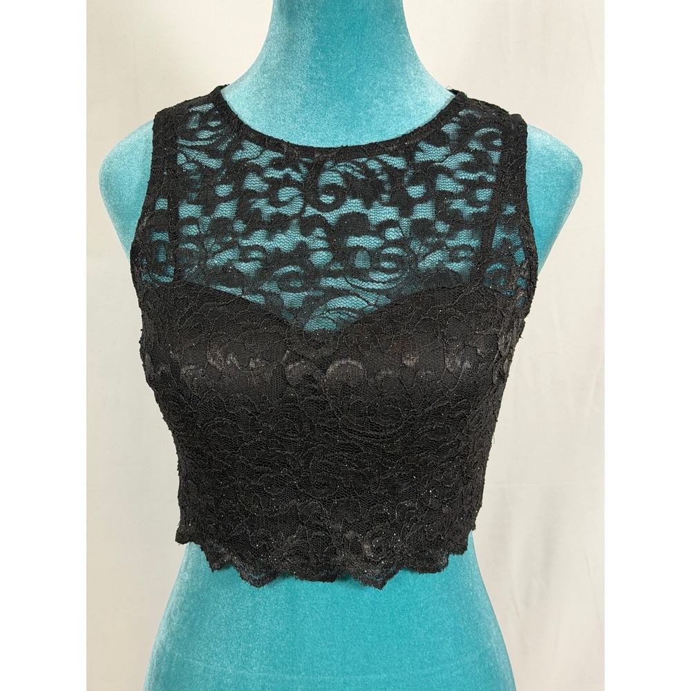 CITY STUDIO Black‎ Glitter Lace Crop Top Zipper Back Juniors 3 (Womens XS/0)